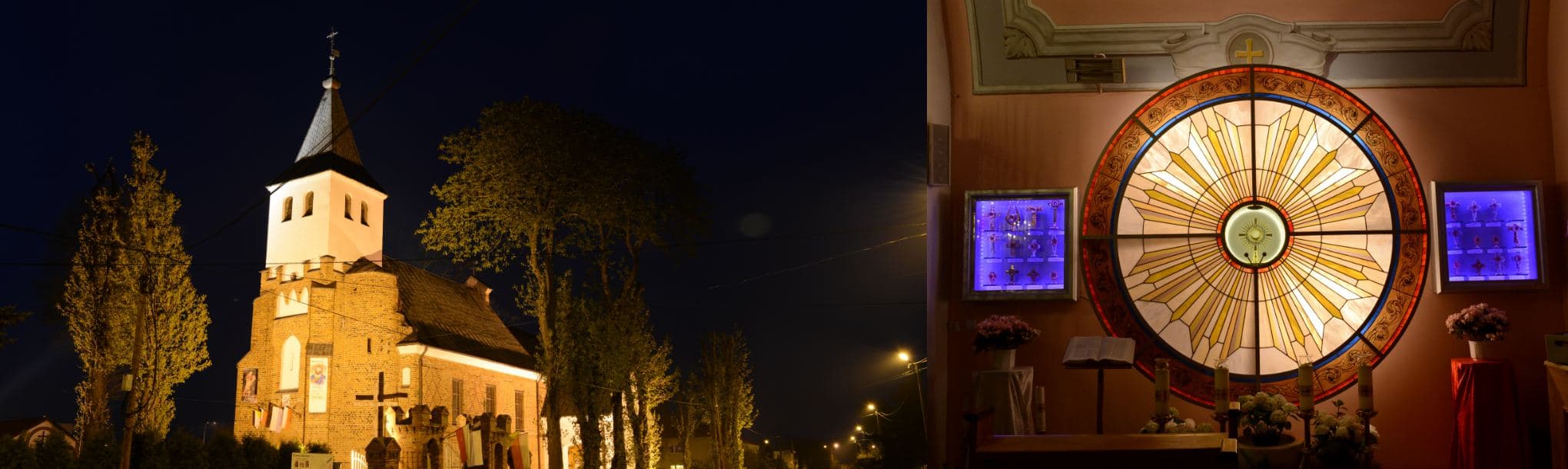 Kościół w Czernikowie nocą oraz witraż nad ołtarzem głównym